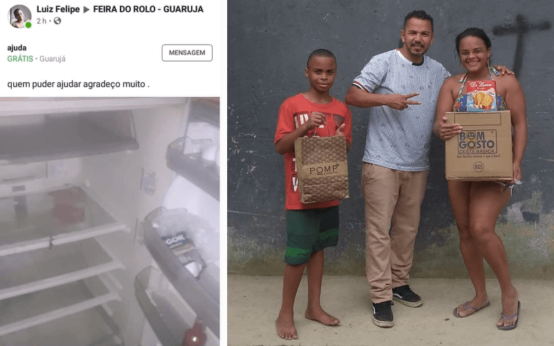 À esquerda, publicação do Facebook; à direita, entrega de cestas à família