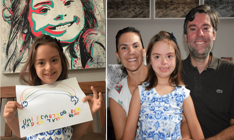 À esquerda, Maria Luíza com seu desenho; à direita, Maria Luíza com o pai e mãe