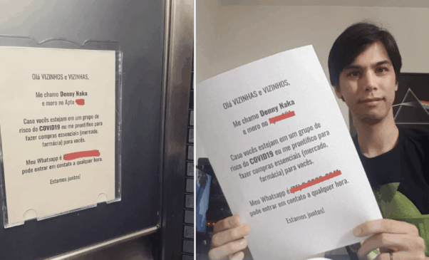 Denny Naka segura folha a qual fixou no elevador do prédio