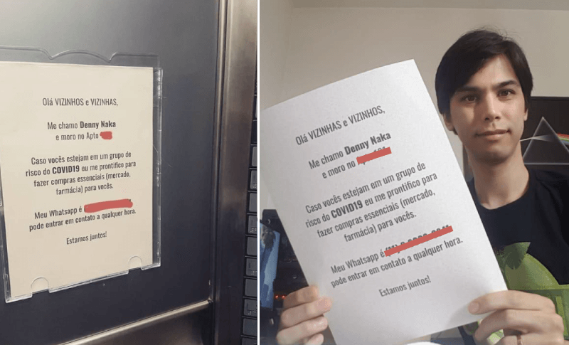 Denny Naka segura folha a qual fixou no elevador do prédio