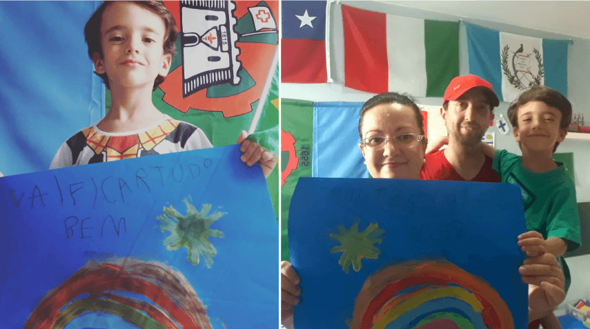 À esquerda, Leonardo com sua pintura; à direita, Leonardo com os pais