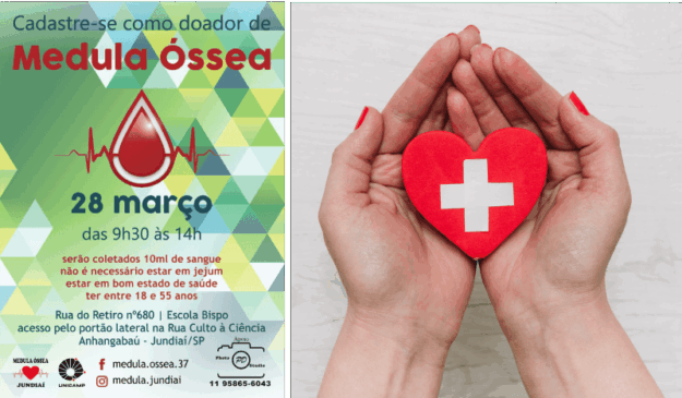 Cartaz de divulgação e imagem de mãos que seguram coração vermelho de material decorativo