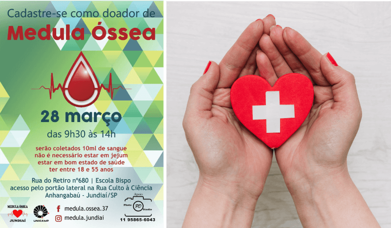 Cartaz de divulgação e imagem de mãos que seguram coração vermelho de material decorativo