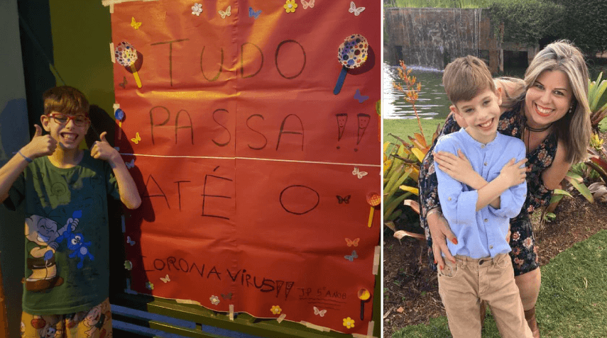 À esquerda, João Pedro com seu cartaz; à direta, João Pedro e a mãe