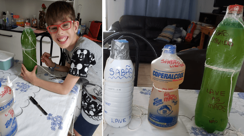 À esquerda, João Pedro escreve em embalagens plástica; à direita, produtos já prontos