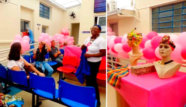 Voluntárias ensinam pacientes oncológicas a fazer turbantes no São Vicente