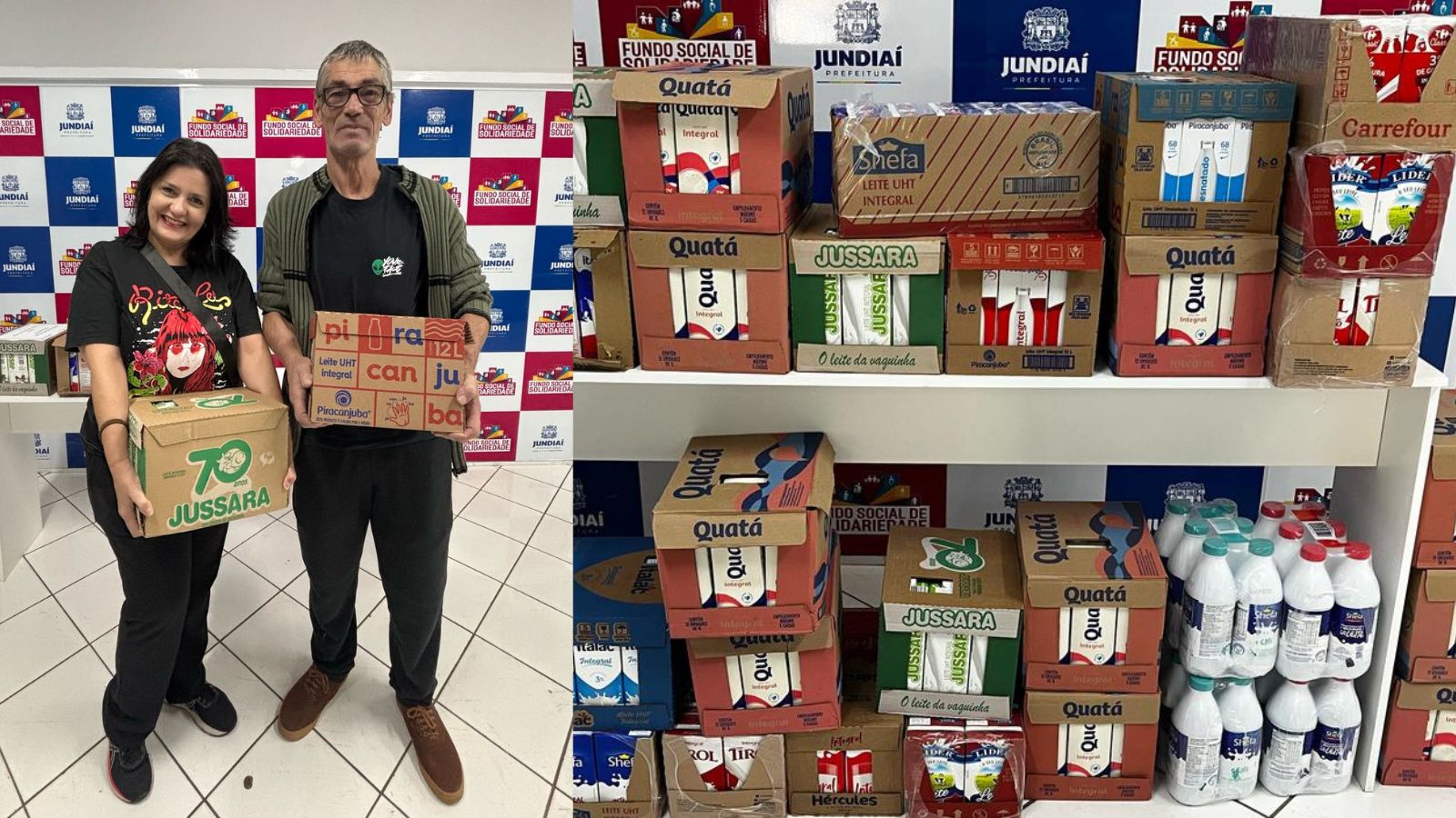 À esqueda casal segurando caixa de leite; à direita, doação.