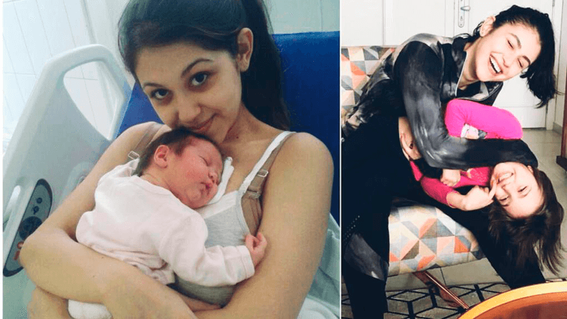 À esquerda, Yasmin com Alice no colo ainda no hospital e à direita, anos depois, com Alice toda sorridente brincando com a mãe. 