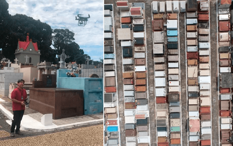 À esquerda, homem pilotando drone no Cemitério Nossa Senhora do Desterro; à direita, vista de cima do espaço. À esquerda, homem pilotando drone no Cemitério Nossa Senhora do Desterro; à direita, vista de cima do espaço.