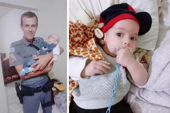 À esquerda, policial segurando Miguel nos braços; à direita, foto de Miguel com chupeta na boca deitado na cama com aparência saudável