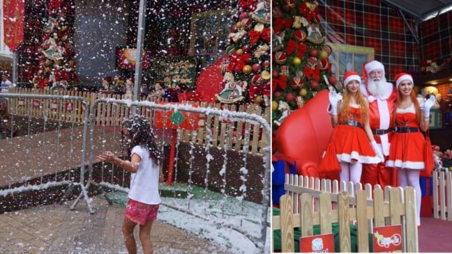 À esquerda, criança brincando com neve artificial; à direita, Papai Noel e Noeletes no Escritório do Papai Noel