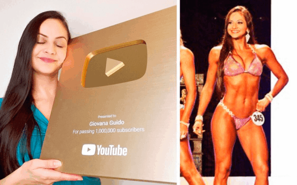 À esquerda, Giovana segura placa de 1 milhão de inscritos; à direita, foto de um dos concursos que Giovana participou, ela está de biquini em cima do palco