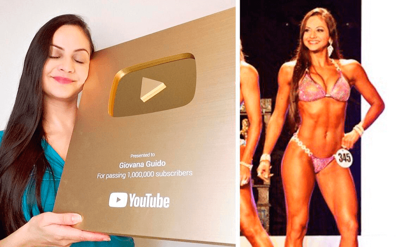 À esquerda, Giovana segura placa de 1 milhão de inscritos; à direita, foto de um dos concursos que Giovana participou, ela está de biquini em cima do palco