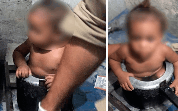 Menina presa na panela de pressão; rosto está borrado