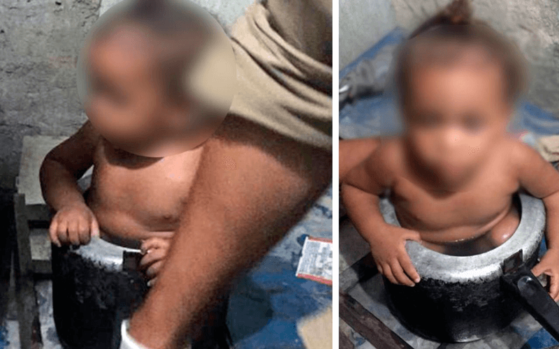 Menina presa na panela de pressão; rosto está borrado