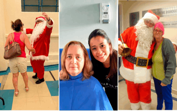 Papai Noel encontrando pacientes nos corredores e selfie de cabeleireira com paciente
