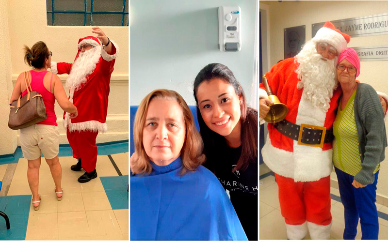 Papai Noel encontrando pacientes nos corredores e selfie de cabeleireira com paciente
