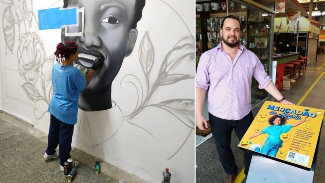 À esquerda, grafiteira faz obra em parede; à direita, síndico exibe divulgação da atividade