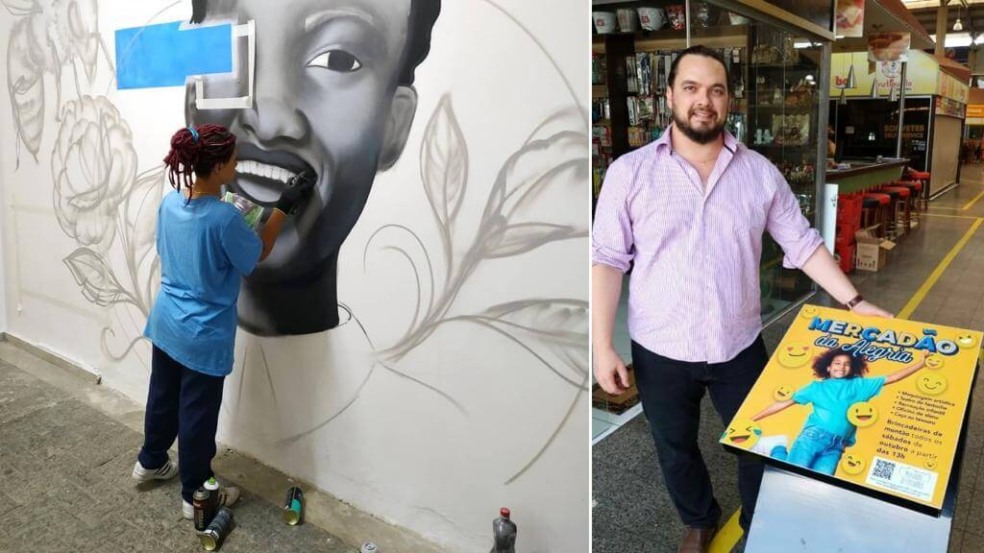 À esquerda, grafiteira faz obra em parede; à direita, síndico exibe divulgação da atividade