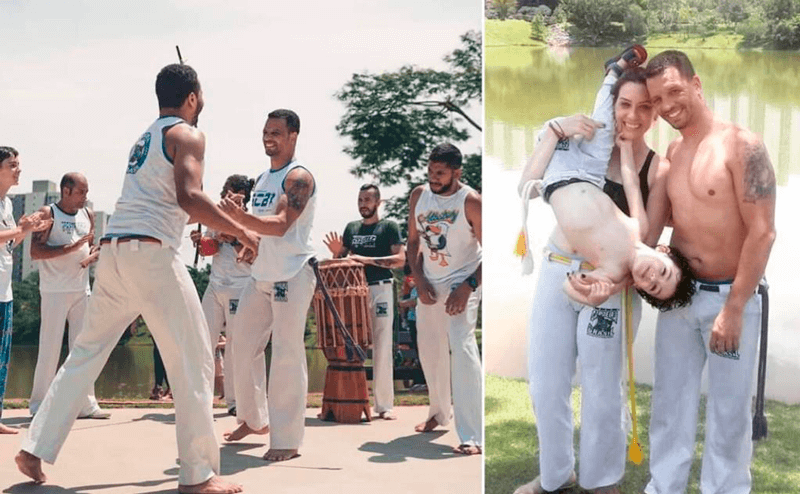 Emanoel em roda de capoeira e ao lado da esposa e enteado