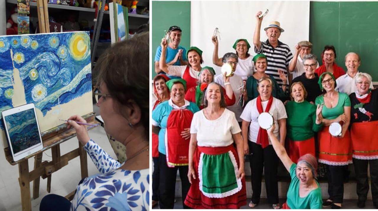 À esquerda, aluna pinta uma tela e à direita, grupo faz apresentação