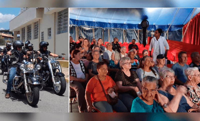 À esquerda, motos chegando à Cidade Vicentina; à direita, idosos já posicionados nos assentos do circo