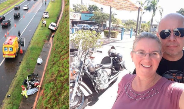 À esquerda, foto do acidente; à direita, selfie do casal.