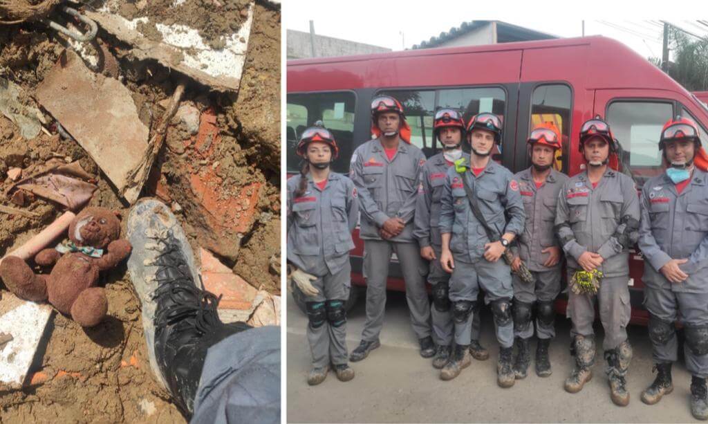 À esquerda, ursinho de pelúcia é achado em meio à lama; à direita, equipe do tenente Vitor chega ao local