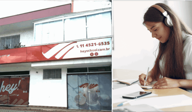 À esquerda, fachada da escola Hey!; à direita, menina estuda com apoio do celular