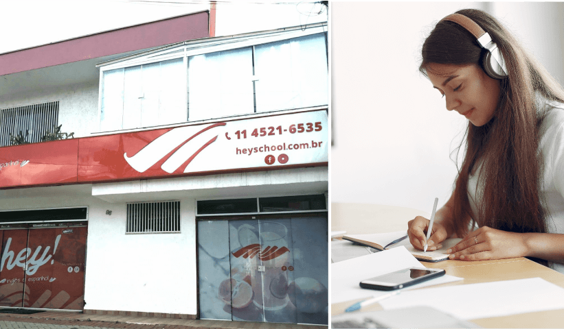 À esquerda, fachada da escola Hey!; à direita, menina estuda com apoio do celular