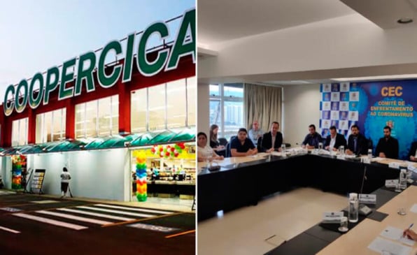 À esquerda, fachada do Coopercica; à direita, imagem da reunião com representantes