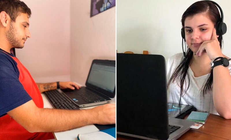 Vinicius à esquerda e Jessica à direita, trabalham em casa