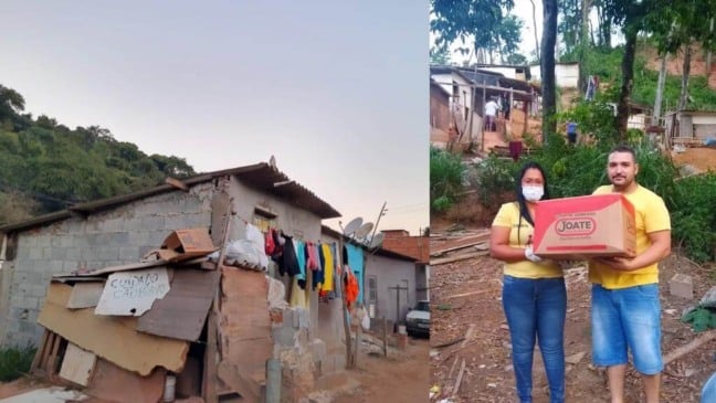 À esquerda, foto do bairro atendido pelo grupo; à direita, homem e mulher seguram cesta básica