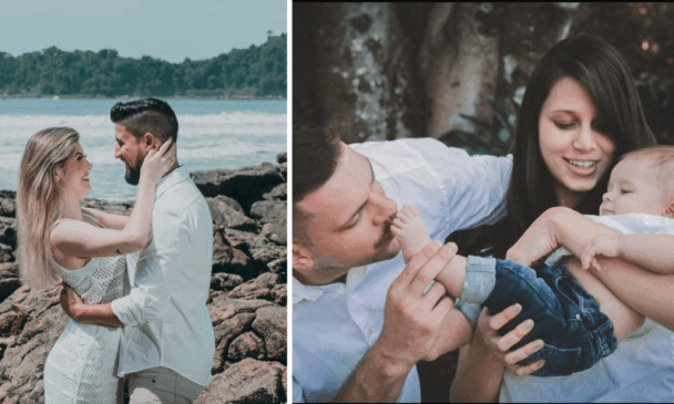 À esquerda, casal abraçado na praia; à direita, mãe segura bebê no colo e pai beija o pé