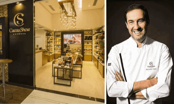À esquerda, fachada de loja Cacau Show; à direita, foto de Alexandre Costa