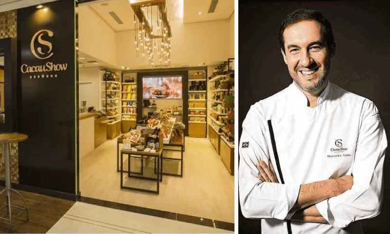 À esquerda, fachada de loja Cacau Show; à direita, foto de Alexandre Costa