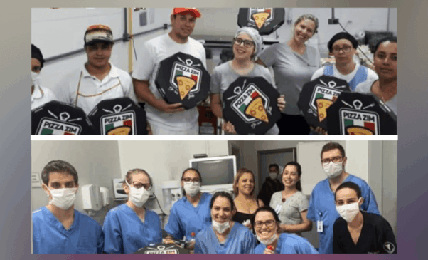 Acima, profissionais da pizzaria; abaixo, profissionais do Hospital