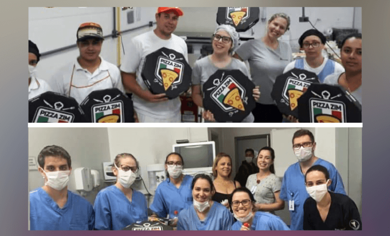Acima, profissionais da pizzaria; abaixo, profissionais do Hospital
