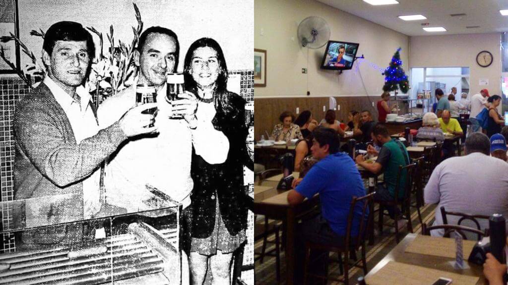 À esquerda, fundador e filhos no Restaurante; à direita, salão com mesas e clientes