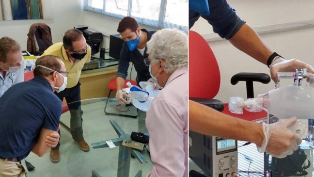 Grupo analisa respirador à esquerda; à direita, ventilador mecânico