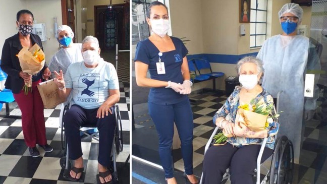 Sr. Valmir e dona Norma, de cadeira de rodas, na saída do hospital são vicente