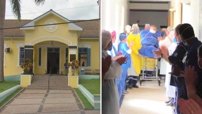 À esquerda, foto da Santa Casa; à direita, sai de maca do Santa Casa de Itatiba