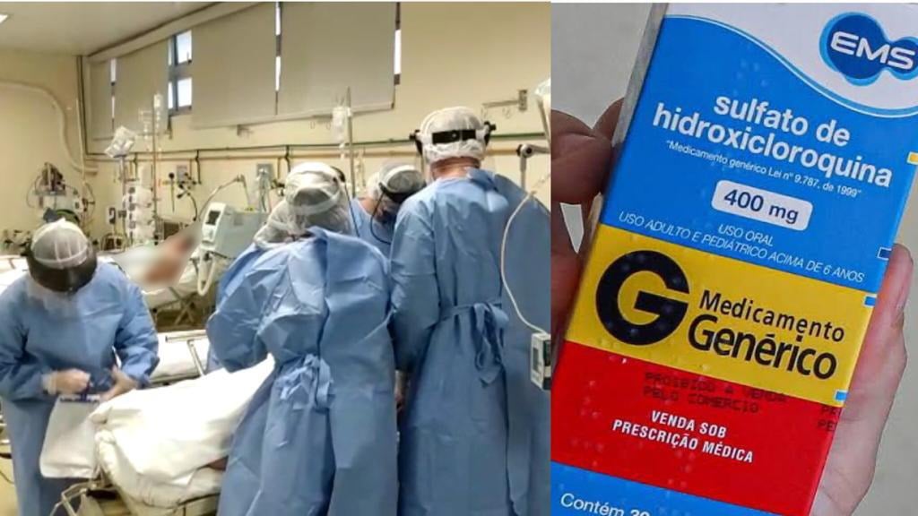 À esquerda, médicos atendem pacientes na UTI; à direita, caixa de cloroquina