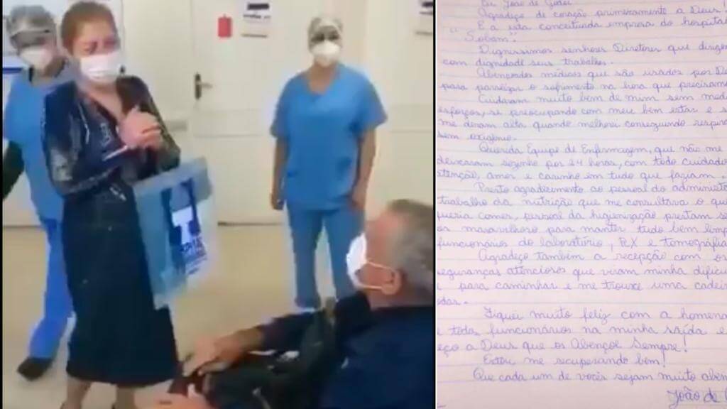 Seu João saindo do hospital de cadeira de rodas