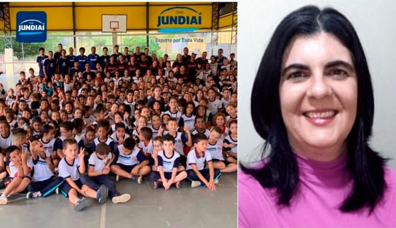À esquerda, fotos dos alunos da Emeb e foto do rosto da professora