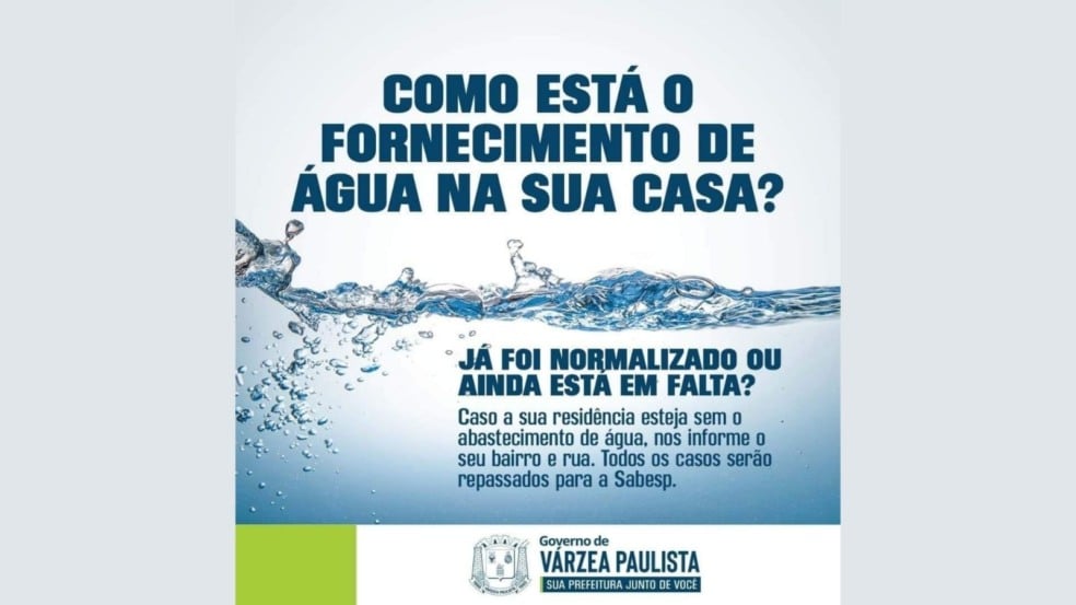 Prefeitura realiza enquete para saber como está o fornecimento de água em Várzea Paulista Prefeitura realiza enquete para saber como está o fornecimento de água em Várzea Paulista