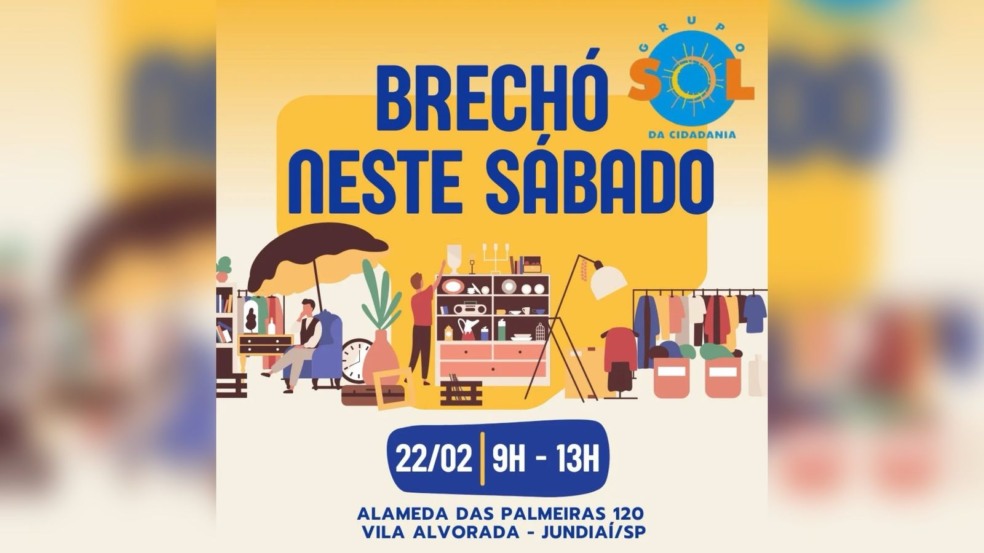 Flyer de divulgação do brechó do Grupo Sol da Cidadania em Jundiaí.