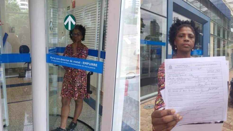 À esquerda, Valéria presa na porta giratória; à direita, segurando documento do registro na Polícia