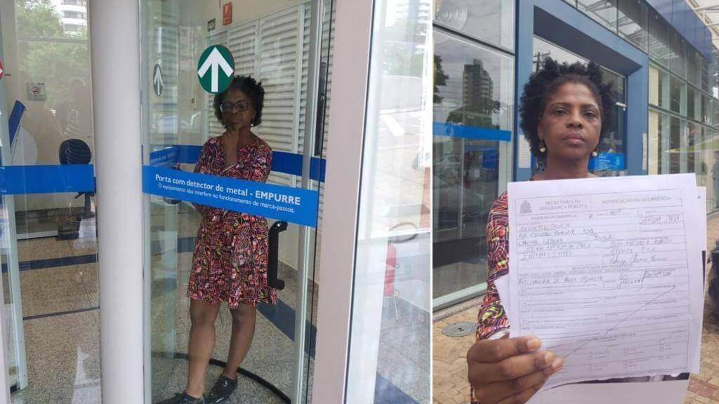 À esquerda, Valéria presa na porta giratória; à direita, segurando documento do registro na Polícia