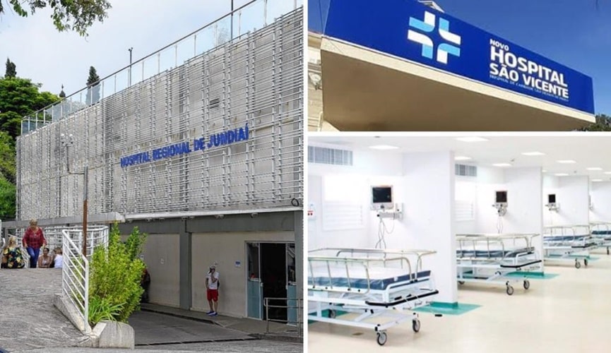 Fachada do Hospital Regional, à esquerda; fachada do Hospital São Vicente de Paulo, à direita